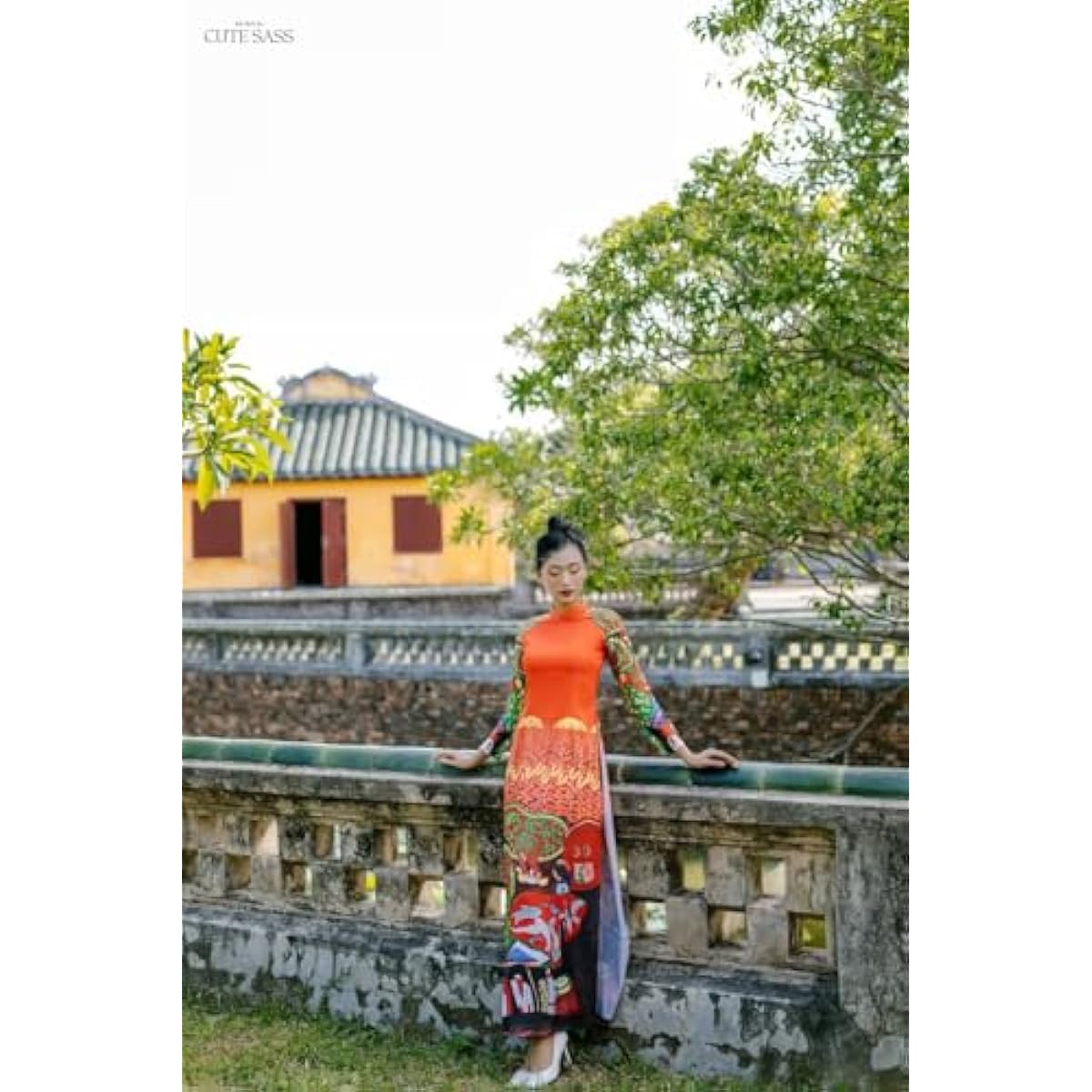 CuteSass Silk Orange Red Pattern Ao Dai Set, Pre-made Traditional Vietnamese Ao Dai, Women Ao Dai with Pants, Lunar New Year