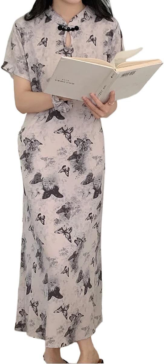 New Chinese Button Color Printed Retro Women's Short Sleeved Summer Loose and Niche Temperament Design Dress