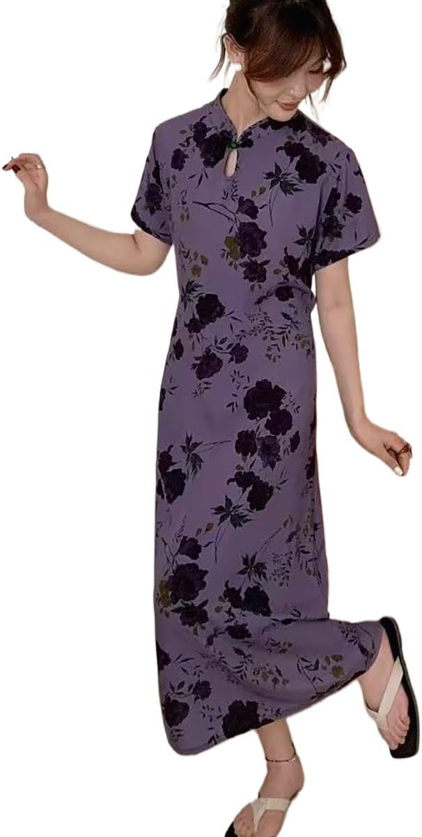 New Chinese Button Color Printed Retro Women's Short Sleeved Summer Loose and Niche Temperament Design Dress