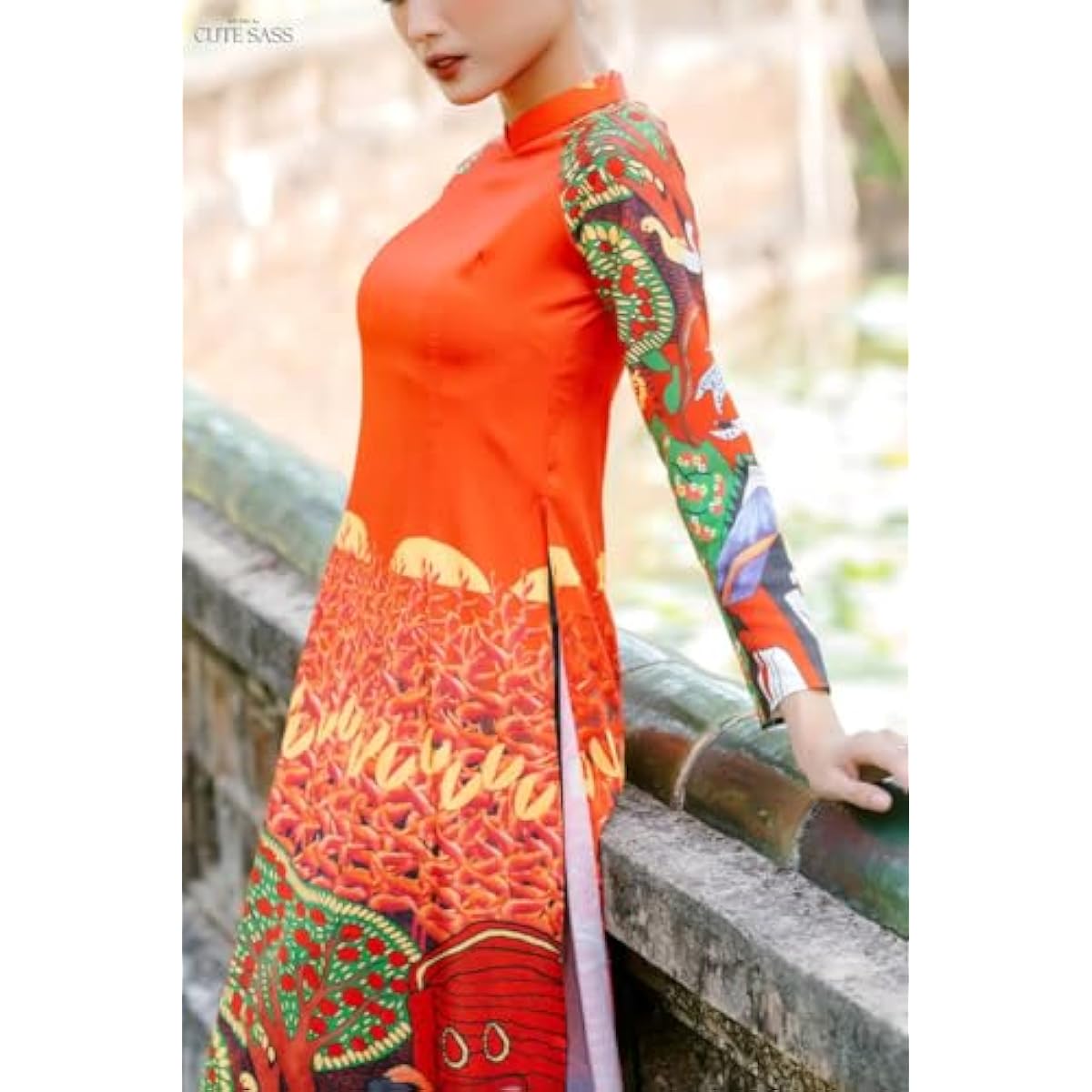CuteSass Silk Orange Red Pattern Ao Dai Set, Pre-made Traditional Vietnamese Ao Dai, Women Ao Dai with Pants, Lunar New Year