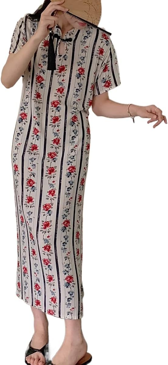 New Chinese Button Color Printed Retro Women's Short Sleeved Summer Loose and Niche Temperament Design Dress