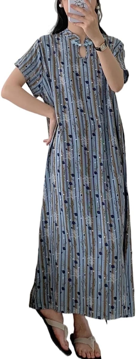 New Chinese Button Color Printed Retro Women's Short Sleeved Summer Loose and Niche Temperament Design Dress