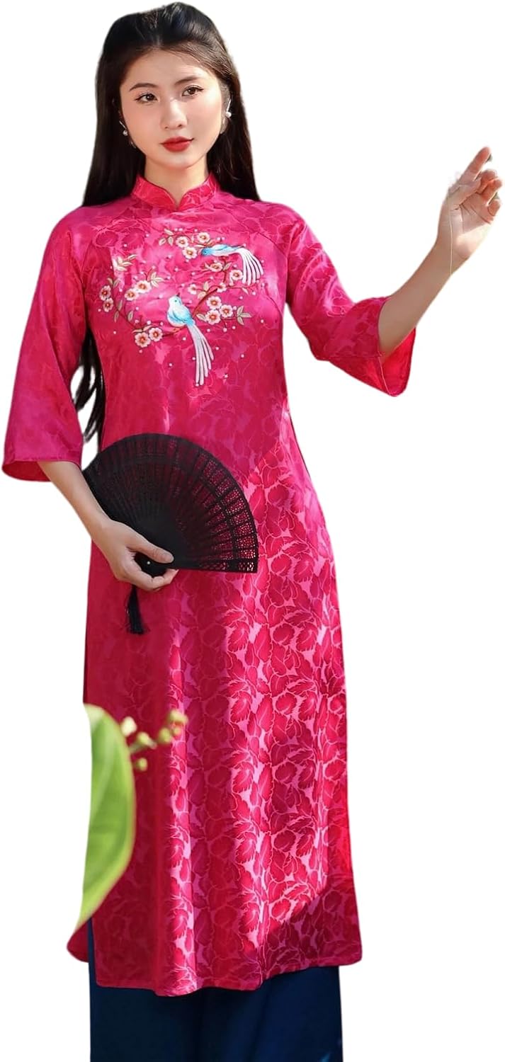 CuteSass Hot Pink Sparrow Pearls Leaf Gam Ao Dai Set w/Light Pink Gam Pants| Lunar New Year
