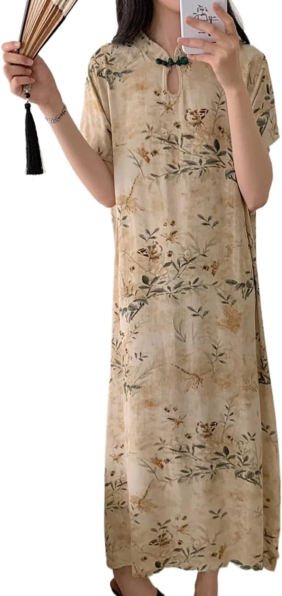 New Chinese Button Color Printed Retro Women's Short Sleeved Summer Loose and Niche Temperament Design Dress