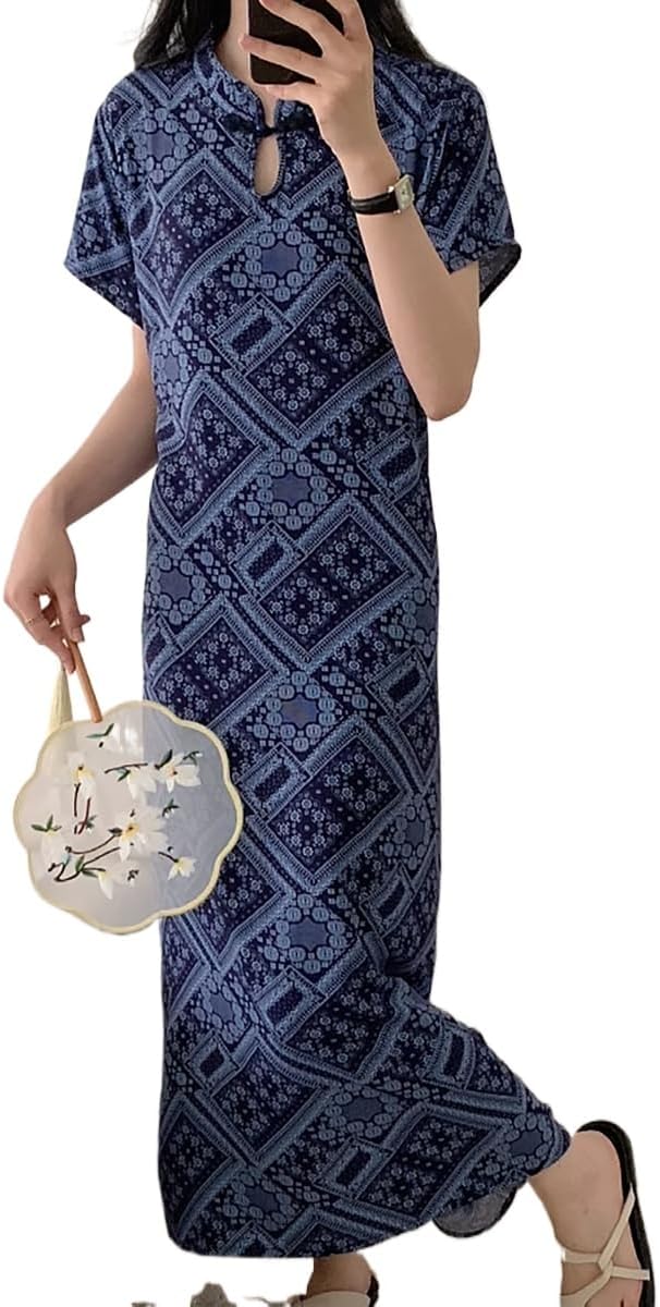 New Chinese Button Color Printed Retro Women's Short Sleeved Summer Loose and Niche Temperament Design Dress