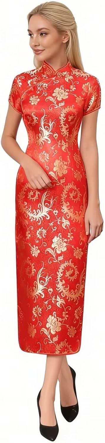 Chinese Women's Cheongsam Qipao Dress Slim Bodycon Exotic Long Split Dresses Wedding Costumes Gown Vintage Lunar New Year