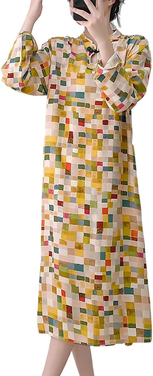 New Chinese Button Color Printed Retro Women's Short Sleeved Summer Loose and Niche Temperament Design Dress