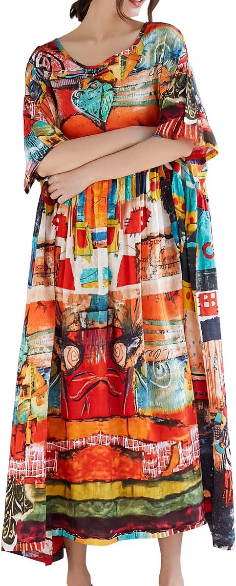 ellazhu Women's Plus Size Boho Maxi Dress with Half Sleeves Scoop Neck Bohemian Print for Summer Beachwear GA1396 A