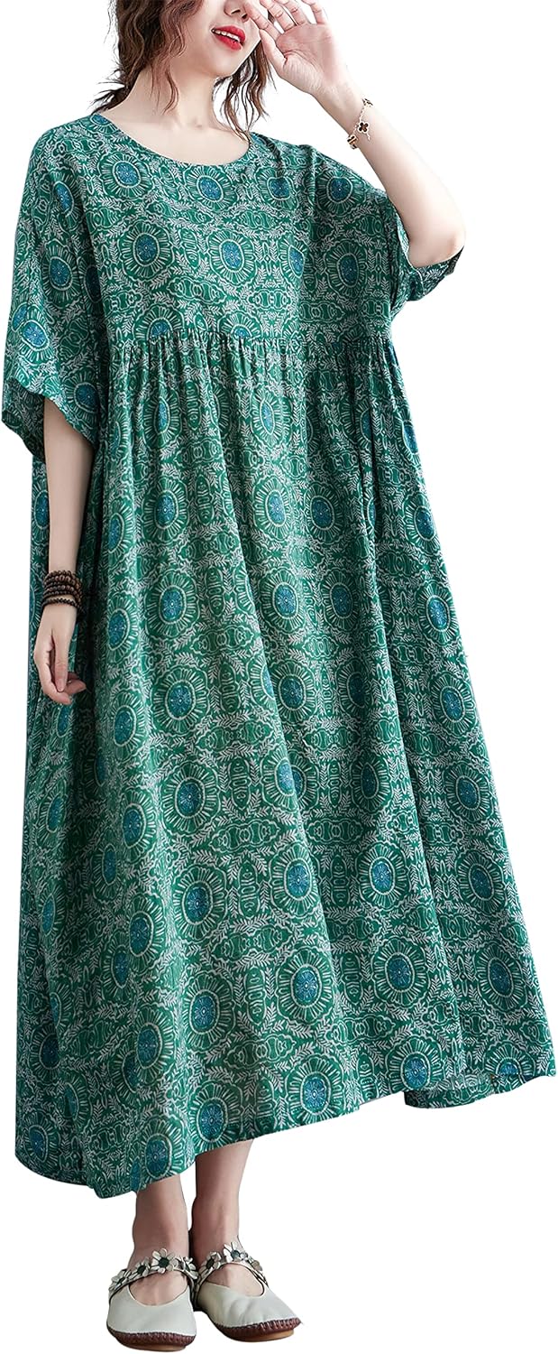 ellazhu Women's Plus Size Boho Maxi Dress with Half Sleeves Scoop Neck Bohemian Print for Summer Beachwear GA1396 A