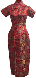 7Fairy Women's Red Long Chinese Floral Cheongsam Dress Ten Buttons