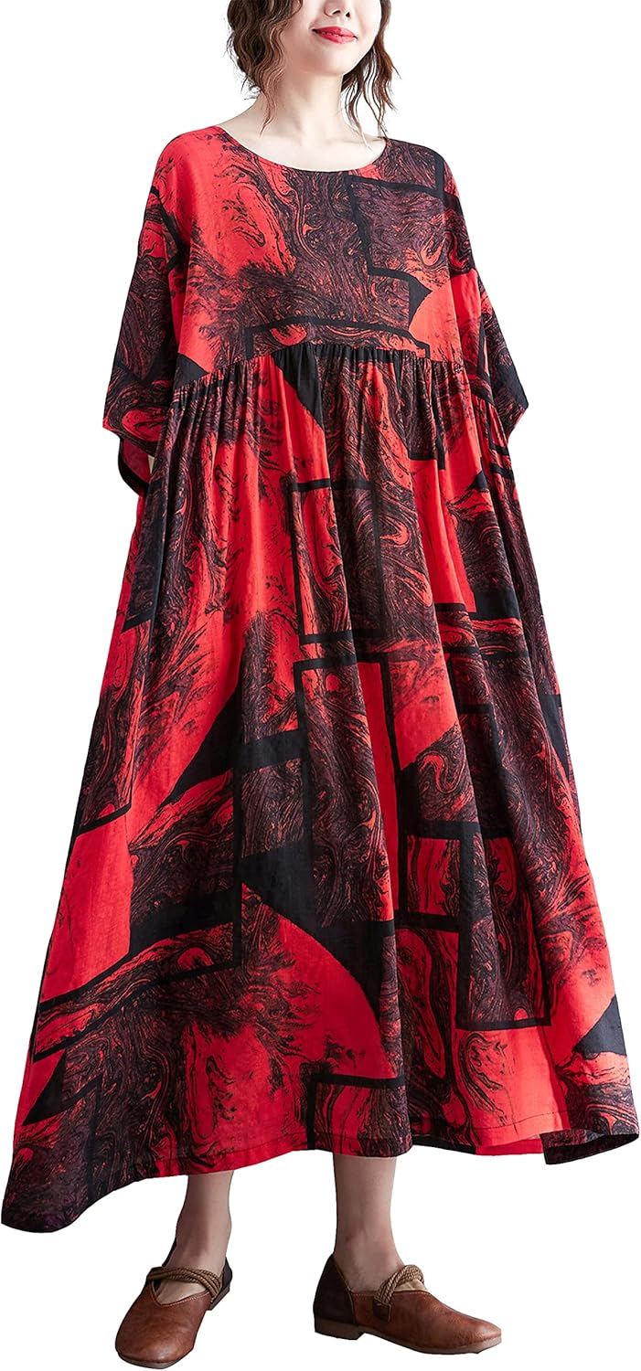 ellazhu Women's Plus Size Boho Maxi Dress with Half Sleeves Scoop Neck Bohemian Print for Summer Beachwear GA1396 A