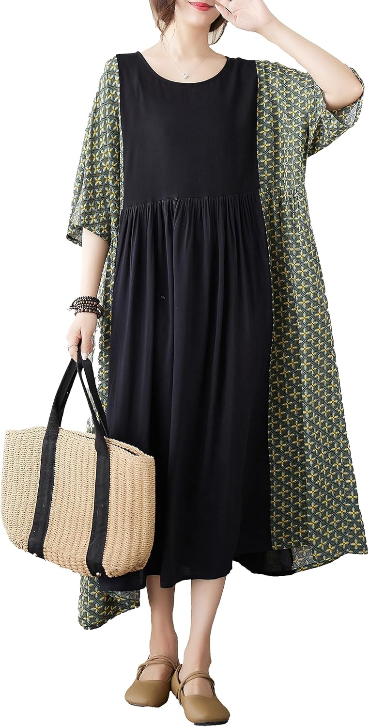 ellazhu Women's Plus Size Boho Maxi Dress with Half Sleeves Scoop Neck Bohemian Print for Summer Beachwear GA1396 A